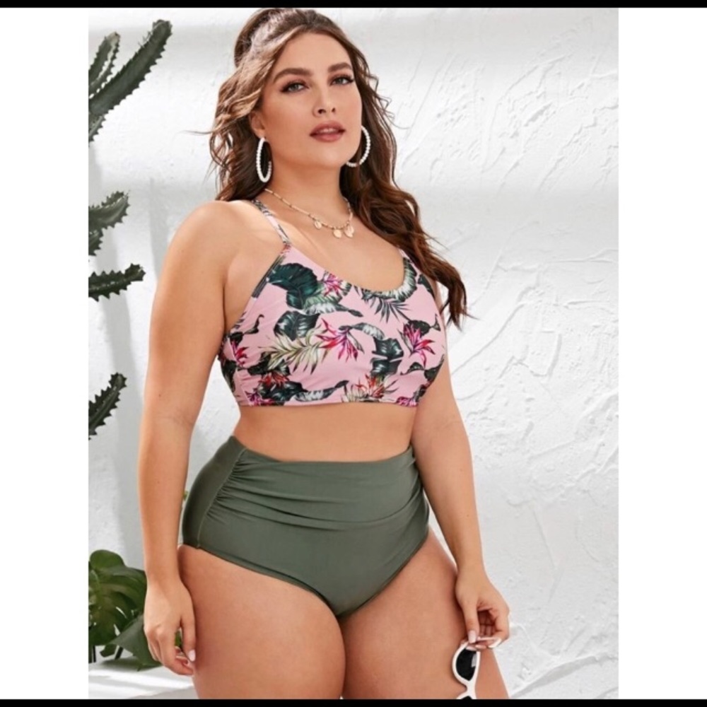 ✨PLUS Tropical Leaf Print Bikini Pink Green